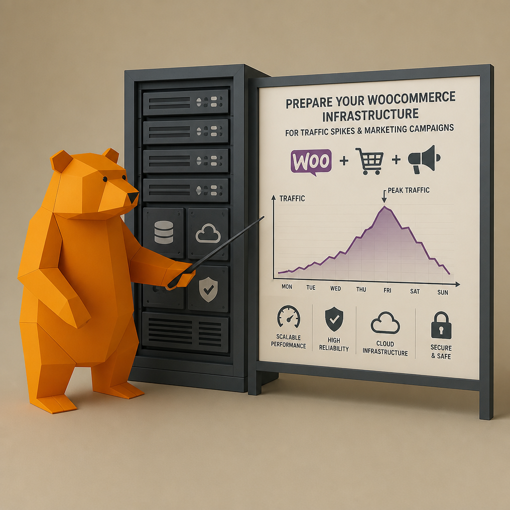 Ours en papier pointant un graphique expliquant la préparation de l'infrastructure WooCommerce pour les pics de trafic.