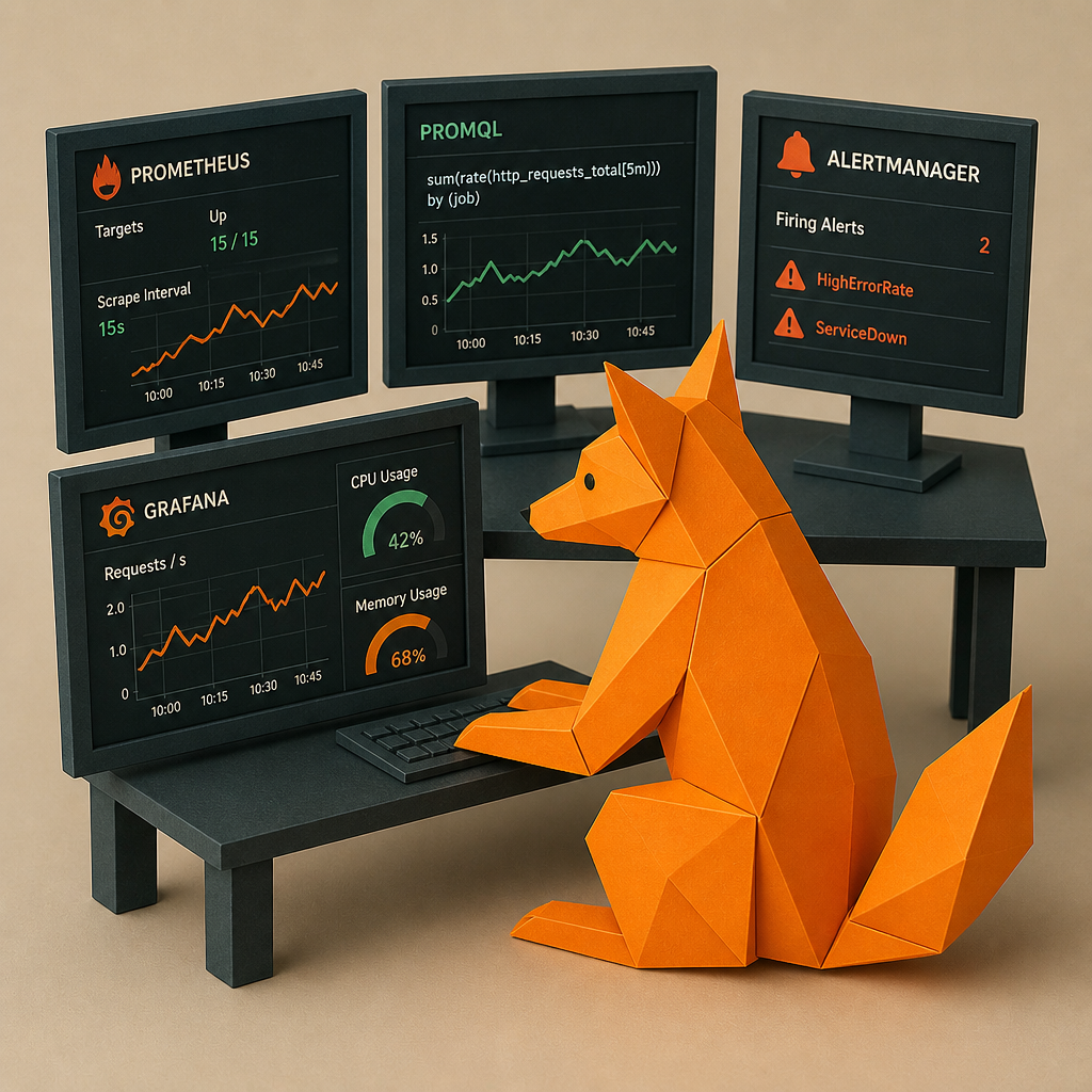 Renard en origami devant des écrans de surveillance avec Prometheus, PromQL, Alertmanager et Grafana.