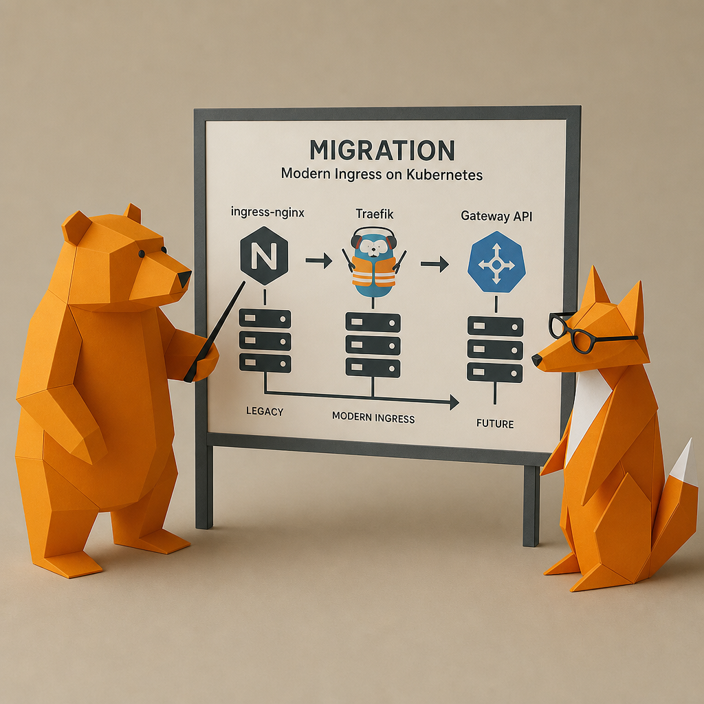 Animaux en papier discutant d'une migration d'ingress sur Kubernetes.