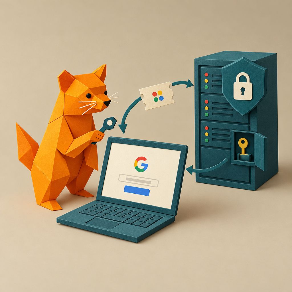 Illustration stylisée d’une connexion OAuth Google : un renard avec une clé, un ordinateur affichant le logo Google et un serveur sécurisé reliés par des flèches.