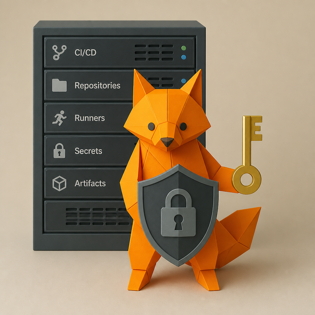 Renard en origami avec bouclier et clé devant un serveur CI/CD.