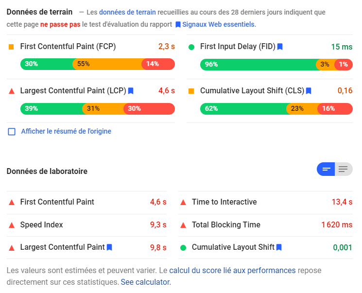 Capture d'écran de données de terrain par test Page Speed Insight sur un site web Les Vikings, agence web à Lyon
