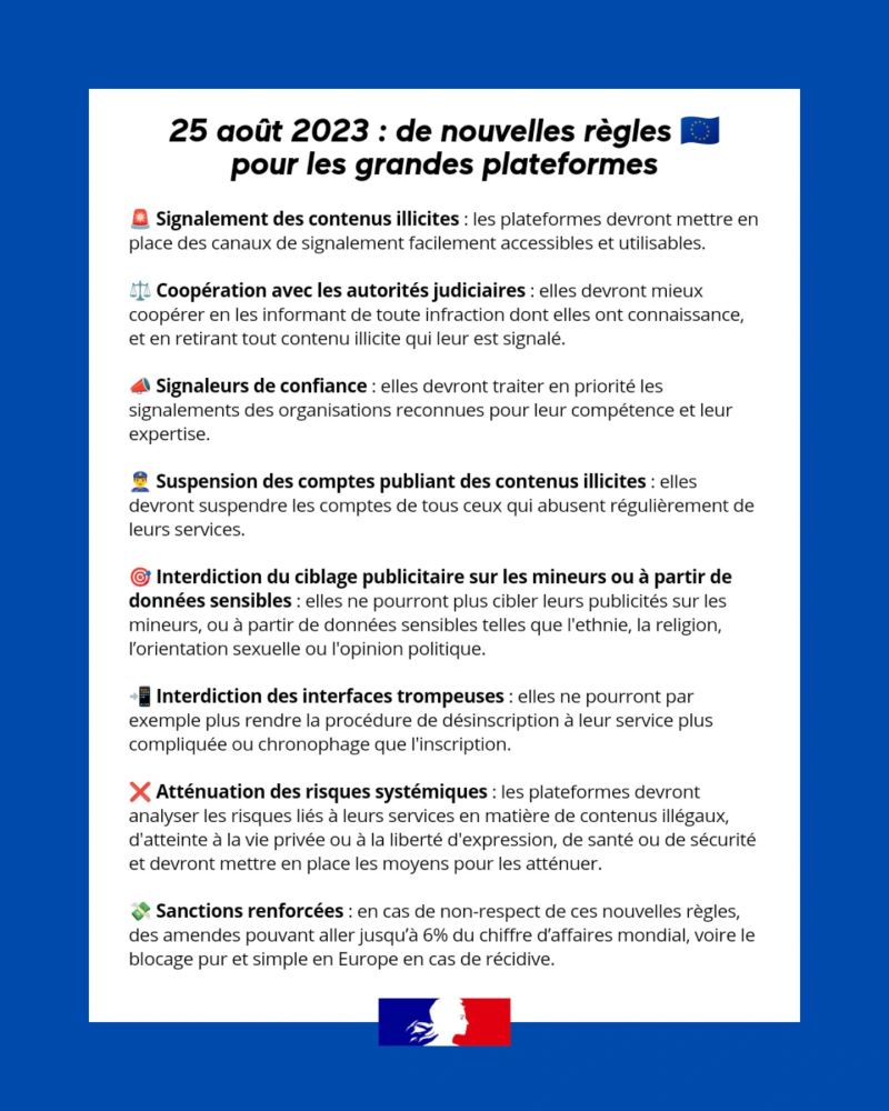 Capture d'écran des nouvelles règles européennes pour les grandes plateformes du 25 août 2023