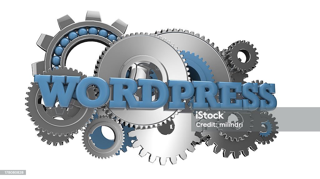 Dessin d'engrenages avec le mot WORDPRESS écrit en majuscule au centre pour parler de la mécanique des pages web WordPress et des maintenances WordPress