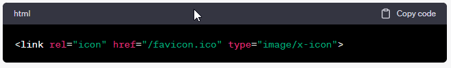 Capture d'écran de code d'un balise de favicon d'une page web d'un site WordPress WooCommerce