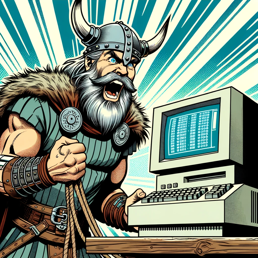 Vikings en colère face à un ordinateur en cours de création de site web sur WordPress WooCommerce