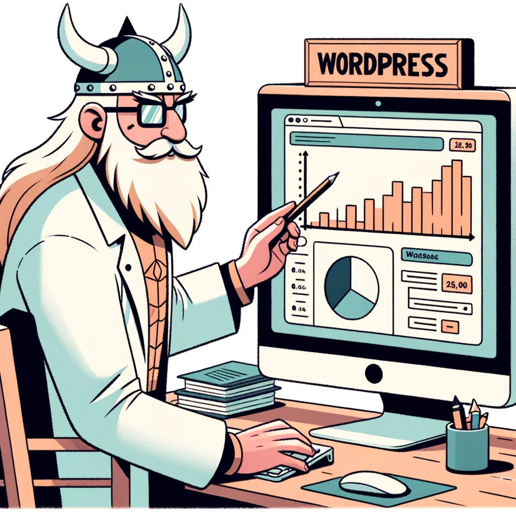 Dessin d'un viking en blouse blanche travaillant devant un écran WordPress sur l'amélioration de la performance d'un site WordPress WooCommerce avec un graphique en barre qui indique que les performances s'améliorent
