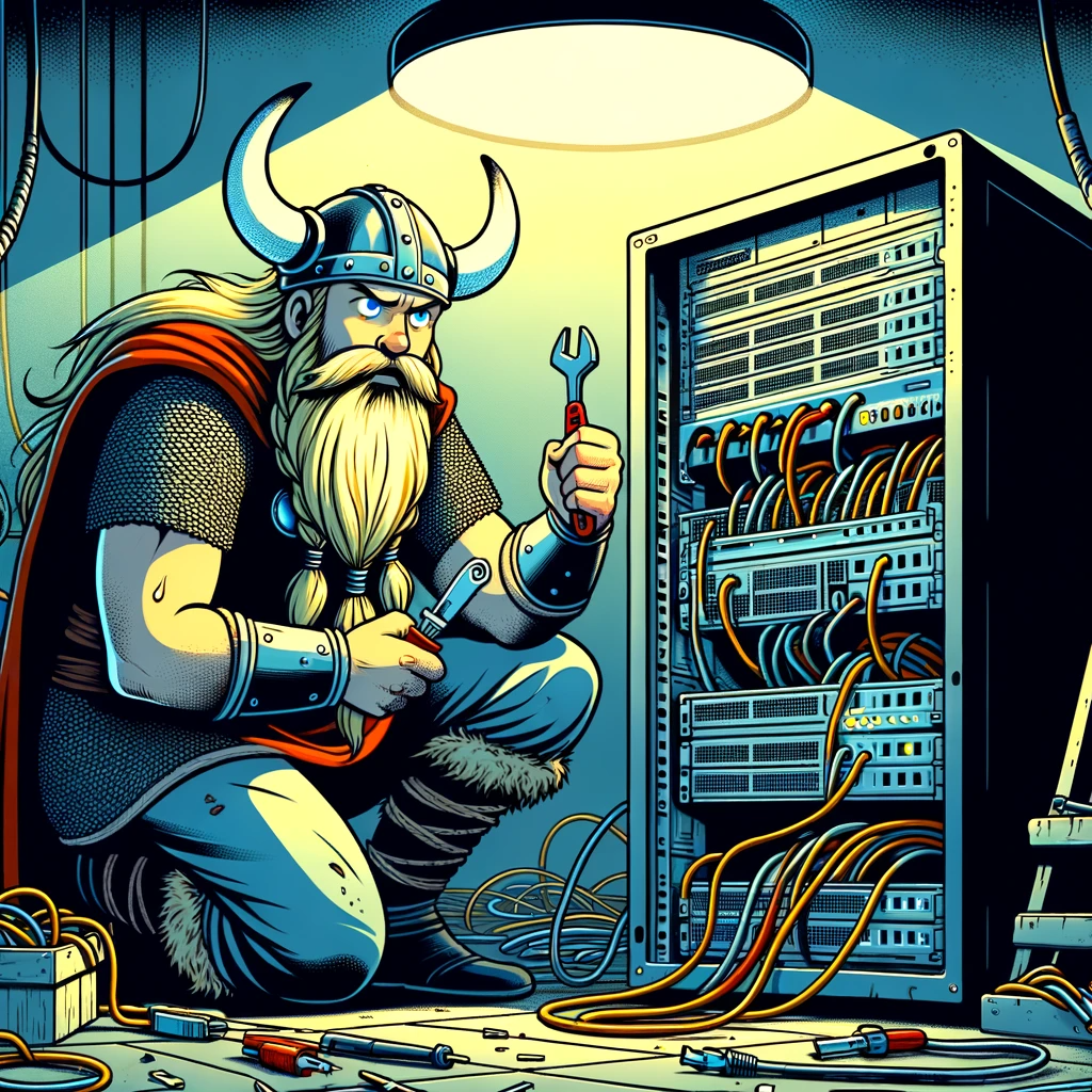 Illustration en style comicbook montrant un viking concentré en train de réparer une grande baie serveur optimisés pour héberger des sites WordPress