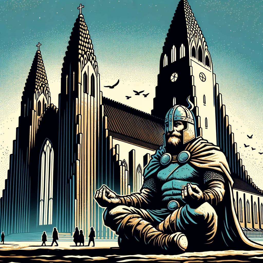 Image en style comicbook montrant un viking en méditation profonde, assis devant l'église Hallgrímskirkja, détendu en pensant à un hébergement wordpress optimisé