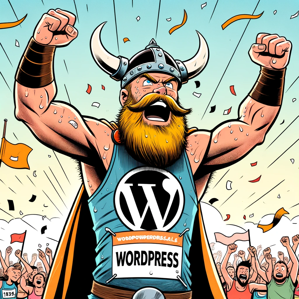 Illustration en style comicbook d'un viking franchissant la ligne d'arrivée d'un marathon. Sur son maillot est écrit WordPress