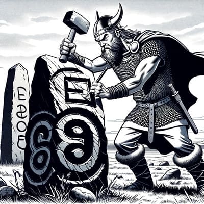 dessin d'un viking en train de faire de la production de contenu pour améliorer son seo en gravant le texte sur un menhir