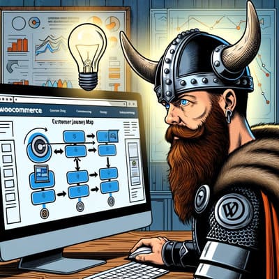 illustration d'un viking qui analyse un parcours client sur WordPress WooCommerce, CMS e-commerce (1)