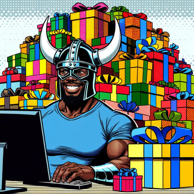 illustration d'un viking qui vient de bénéficier d'un programme de fidélité e-commerce efficace et a derrière lui une montagne de cadeaux