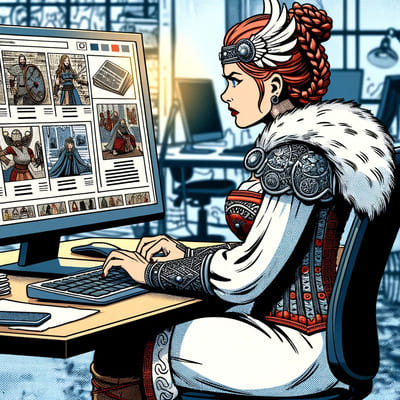 Illustration d'une femme viking aux cheveux roux devant un ordinateur en train d'optimiser des fiches produits WooCommerce WordPress