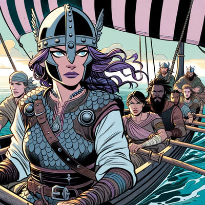 dessin d'une femme viking aux cheveux violets qui grâce à la veille marketing e-commerce peut guider son drakkar dans les eaux de l'internet