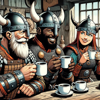 Illustration de trois vikings prenant un café ensemble, après avoir lu tout le guide du e-commerçant débutant et souriant en ayant réussi grâce à WordPress