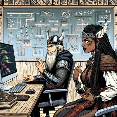 Illustration de deux vikings, un homme et une femme, assis devant un ordinateur en train de faire de la maintenance e-commerce