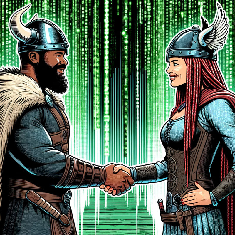 Illustration de deux vikings qui se serrent la main dans la matrice, ils vont travailler ensemble pour leur maintenance e-commerce