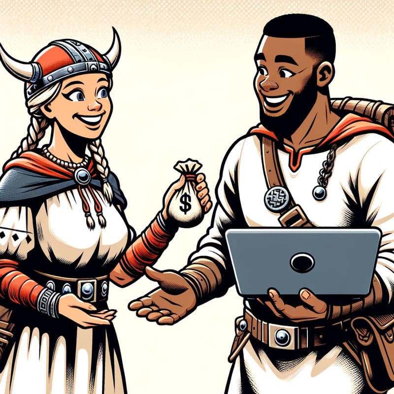 Dessin de deux vikings, la femme donne de l'argent à l'homme et l'homme va effectuer sa maintenance e-commerce en échange