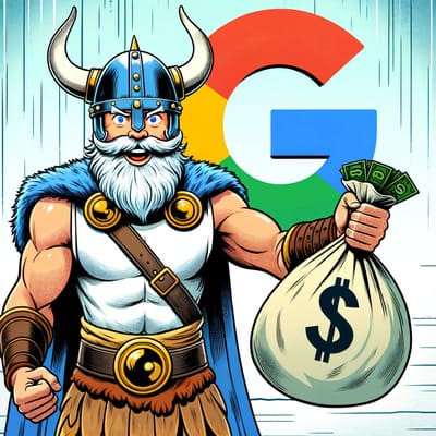 illustration d'un viking qui tend un sac d'argent à google pour les google ads de son site e-commerce wordpress woocommerce