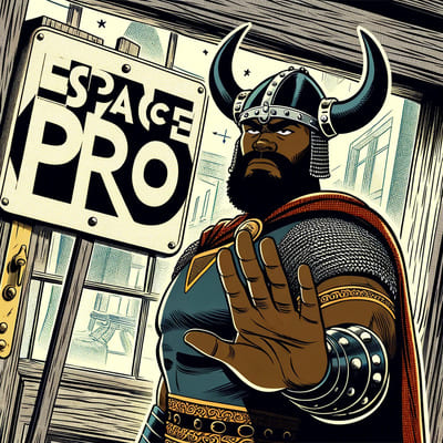 un dessin d'un viking qui bloque l'acces à un espace professionnel d'un site e-commerce