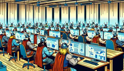 illustration d'un centaine de vikings dans un open space qui font de la veille e-commerce et de l'analyse statistique web