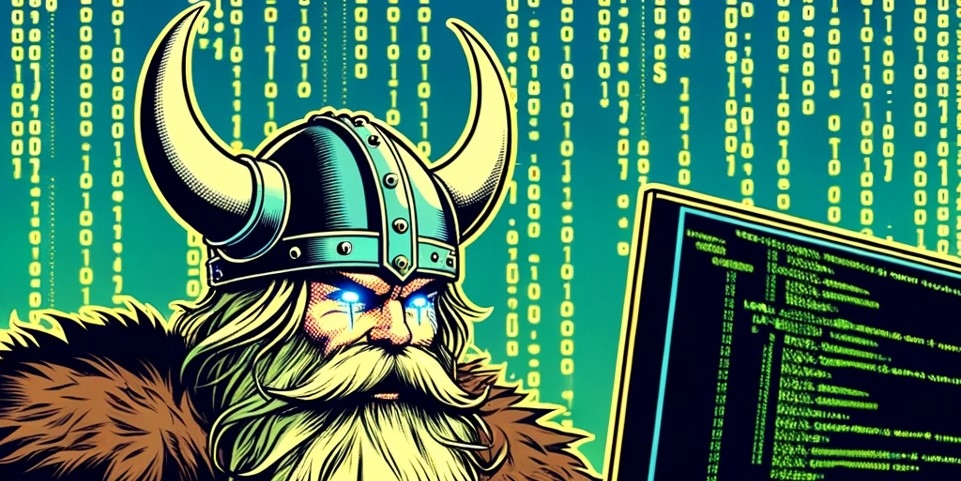 Dessin d'un viking dans la matrice du code en train d'héberger un site web WordPress WooCommerce