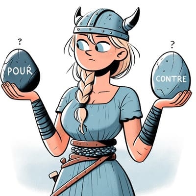 Dessin d'une femme viking qui pese le pour et le contre, pour savoir si elle confie sa maintenance e-commerce a des professionnels ou pas